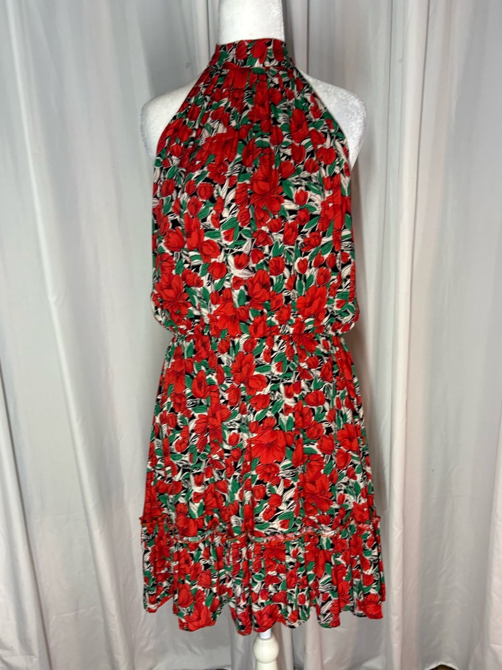 Red Floral Halter Mini Dress with Green Accents